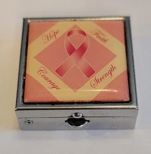 Breast Cancer Pink Ribbon Pill Box -"Hope, Courage, Strength, Faith" 1.5" Square - Picture 1 of 4