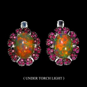 925 Sterling Silver Earrings Oval Fire Opal 9x7mm Ruby Natural Gemstone Jewelry - Picture 1 of 13