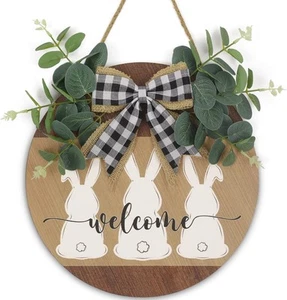 Easter Welcome Sign Front Door Decor with Bunny Rabbit Bow, 11.8" Rustic Wood - Picture 1 of 7