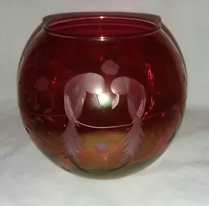 Rose Bowl Flashed Cranberry Cut to Clear Birds of Paradise Flowers Leaves - Picture 1 of 6