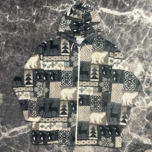 Vintage Fleece Jacket Mens Large 90s Coat Hoodie Nature Zip Bear Deer Penguin - Picture 1 of 5