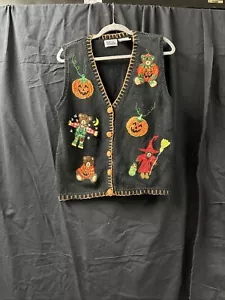 VTG Halloween Sweater Womens Medium Black Pumpkins Bears Moon Stars Cardigan S37 - Picture 1 of 5
