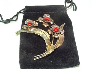 Broche Vintage Oro Años 40 Broche Vidrio Rojo Flores Prendedor 12gr. 3" x 2 1/2" - Imagen 1 de 8