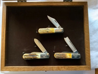 Case XX 3 Knife Stag Barlow Display Set USA Made w/ Oak Glass Case Mint - Image 1 of 2