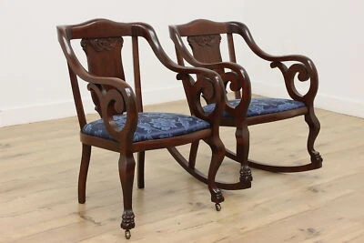 Pair Empire Antique Mahogany Arm Chair & Rocker, New Fabric #54345 - Image 1 of 4