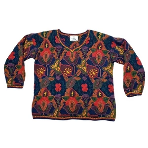 Vtg Express Tricot Hand Knitted Sweater Women’s S Chunky Colorful Bloomcore - Picture 1 of 9