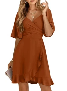 Womens Summer Wrap V Neck Short Flared Sleeve Smocked Elastic Waist Tiered Be... - Picture 1 of 5