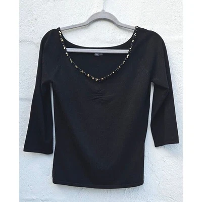 Muse Vintage 90s Top Womens 8 Med Black Silk Nylon Stretch V Neck Sequin Shirt - Image 1 of 4
