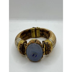 Blue dyed stone with drusy area, extensive mill work, bone bracket. - Picture 1 of 17