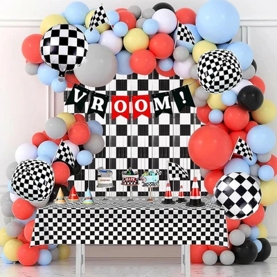 Pack de 3 telones de fondo a cuadros en blanco y negro, decoración de fiesta de cumpleaños de coche de carreras... Foto 1 de 4