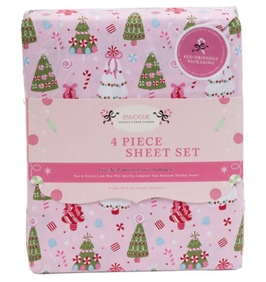 ENVOGUE Christmas QUEEN 4pc Sheet Set candy trees peppermint holiday pink sheets NEW