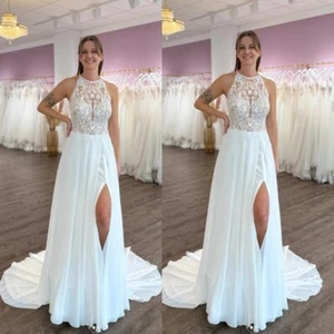 Chiffon Halter Neck Wedding Dresses with Slit Lace Applique Illusion Bridal Gown - Picture 1 of 12