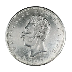 1943 Ecuador 5 Sucres Mexico City Mint UNC. Silver Coin #3 KM#79 - Picture 1 of 4