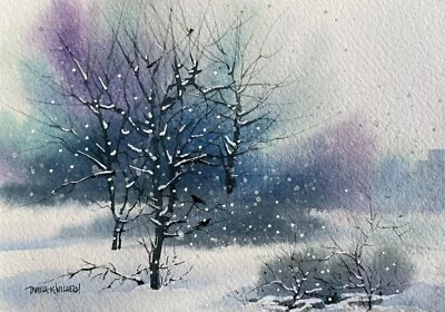4.9”X 7” Original winter snow Trees Crows landscape Watercolor By Pamela Wilhelm - Image 1 of 2