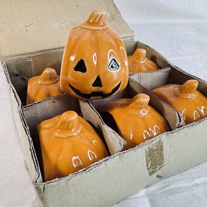 6 VTG HALLOWEEN PUMPKIN Jack-O-Lantern HEAD PORCELAIN NAPKIN RINGS ~ MINT - Picture 1 of 14