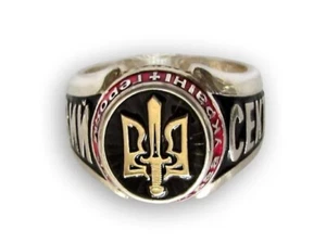 Sterling 925 Silber Ring mit ukrainischem rechtem Sektor 14k Gold Dreizack, oxidiert - Bild 1 von 4