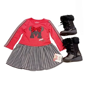 Disney Minnie Mouse Pleated Houndstooth Dress-3T w/Fashion Boots 8-Faux Fur - Picture 1 of 11