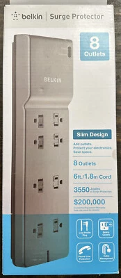 Belkin Slim Power Strip 8 Outlet Surge Protector Low profile plug BE108200-06 - Image 1 of 4