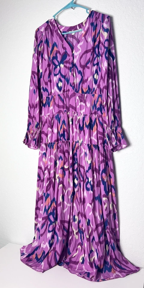 Chico's Tiers Maxi Dress in pink Ikat long sleeves v-neck sz 0 USA 4-6