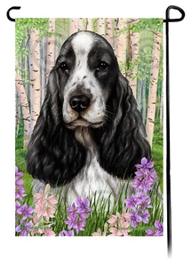 Bandera Jardín Flores Primavera - Cocker Spaniel Inglés Blanco y Negro - Imagen 1 de 1