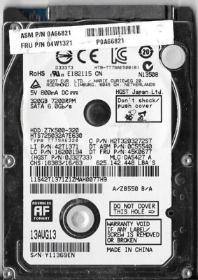 HGST HTS725032A7E630 320GB Sata Hard Drive P/N: 0J32733 MLC: DA5427 - Image 1 of 2