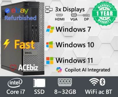 Dell Desktop Computer PC i7 SSD HDMI WiFi Windows 11 10 7 pro 1Y Warranty 7020 - Image 1 of 4