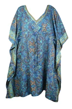 Women's Blue Floral Midi Kaftan Dresses Kimono Sleeves Resort CAFTANS CRUISE 3XL