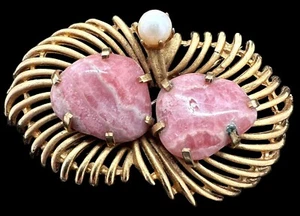 Kramer Rose Quartz And Cultured Pearl Brooch Pin Vintage Prong Set - Picture 1 of 12