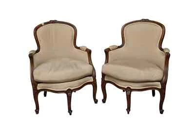 Pr. French Bergere Tan Silk Upholstery, Carved Walnut Frames, Shaped Front - Image 1 of 3