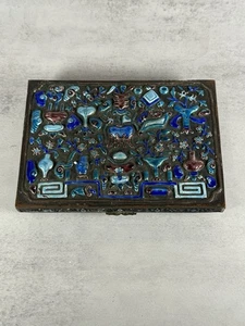 ANTIQUE CHINESE CLOISONNE CELADON JADE BOX, ASHTRAY, MATCH KEEPER VINTAGE - Picture 1 of 9
