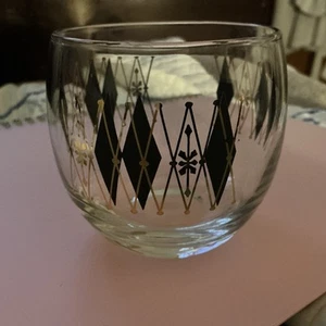 Vintage Set of 4 MCM Roly Poly Harlequin Black & Gold Atomic Barware Glasses - Picture 1 of 3