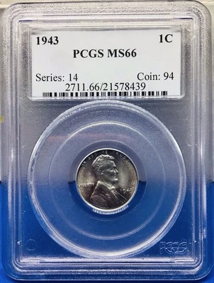 1943 Lincoln Cent Steel Wheat Penny - **PCGS MS66**  - Wheat Cent PCGS Certified - Image 1 of 4