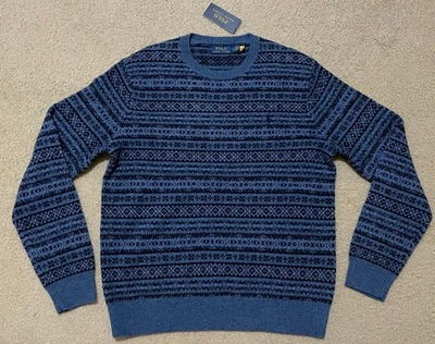 Polo Ralph Lauren Fair Isle Wool Sweater Men's Large Blue Crew Neck Nordic NWT - Image 1 of 4