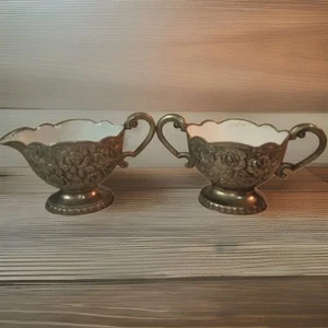Silver Plated Sugar Bowl/Creamer Set Embossed Rose Design White Enamel Inlay Vtg - Picture 1 of 15