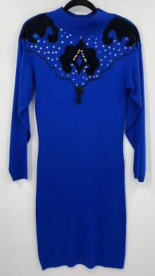 Vintage A'Milano Small Royal Blue Beaded Dolman Sleeve Sweater Dress Sequins - Image 1 of 4