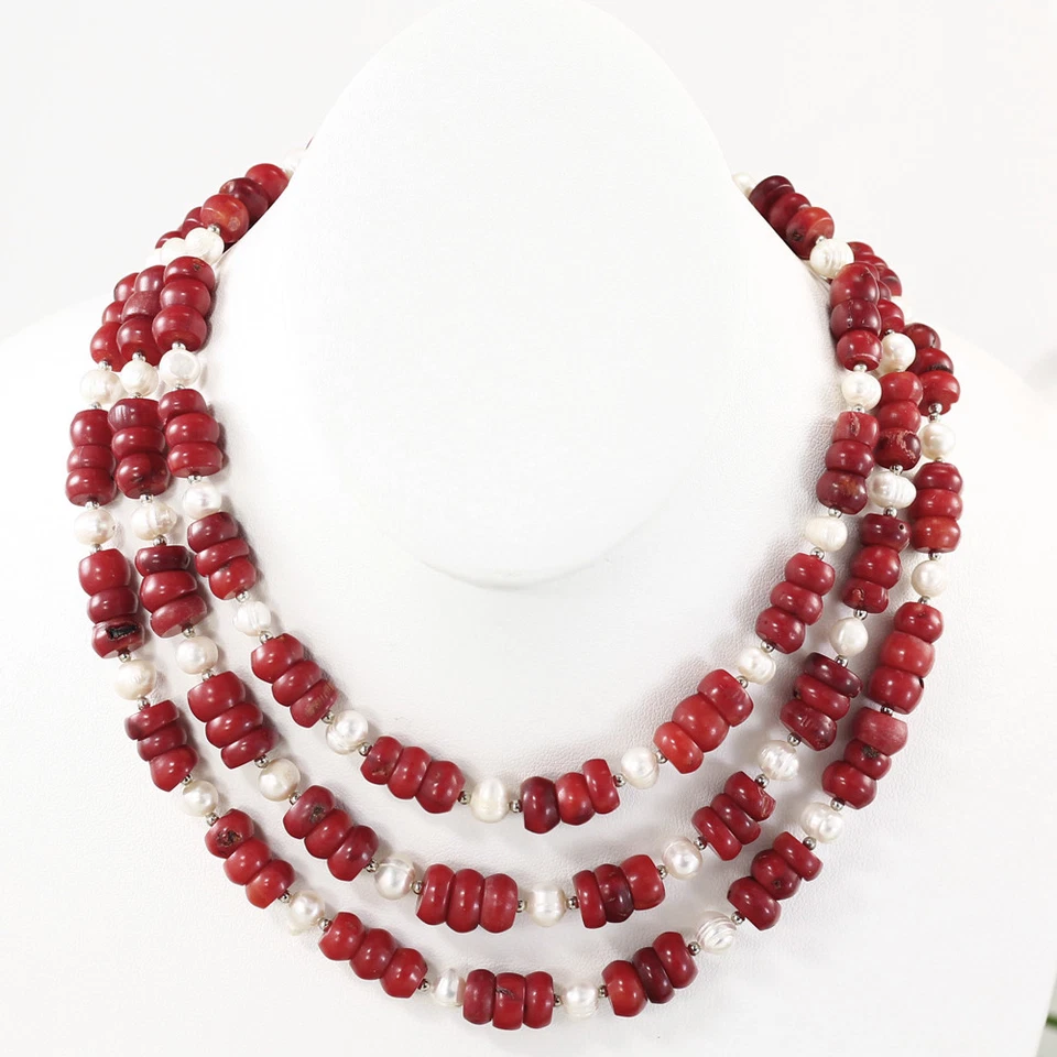 Collar babero 3 hilos rojo coral/perla blanca enorme broche joyería de fiesta 18-20" Foto 1 de 1