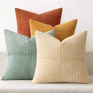 Teal-Orange Decorative Throw Pillow Covers 18X18 Inch Set of 4 Boho Corduroy Str - Picture 1 of 12