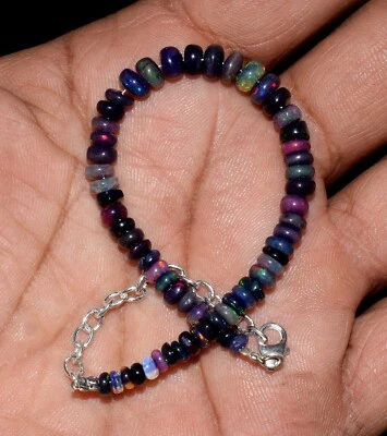 925 Sterling Silver 100%Natural Ethiopian Opal 3To5MM Beads 7"Bracelet F2005 - Image 1 of 4