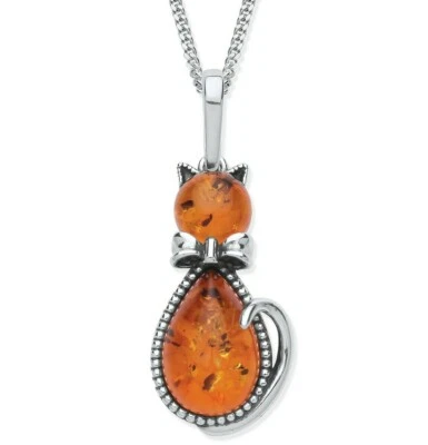 Sterling Silver (925) Amber CAT Pendant / Necklace - Choice of Chain - Image 1 of 4