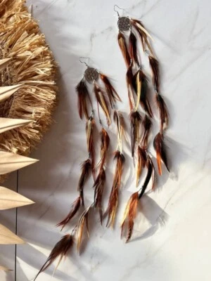 Long Red Feather Earrings, Boho Earrings, Festival Outfit, Beach Party Outfit - Image 1 of 4