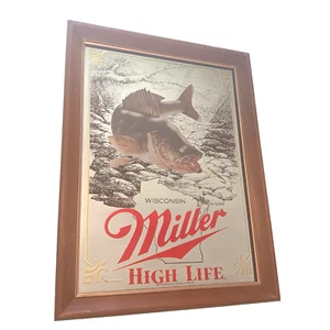 Vtg Miller High Life Beer Bar Mirror WALLEYE Fishing Sign Wisconsin 1st Edition - Picture 1 of 7