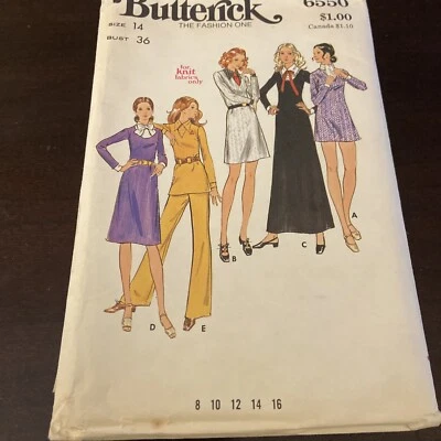 Butterick 6550 Vintage Sz14 Bust 36” 70s Maxi Dress Pant Suit Dickey Cuffs Uncut - Image 1 of 4