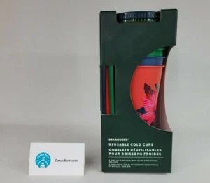 2021 Starbucks Holiday Reusable 24 Oz Cold Cups ~ 5 Pack with Straws & Lids - Picture 1 of 11