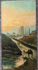 Early 20th C original oil painting on board signed by F G Egyptian scene Karnak - Picture 1 of 12