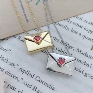 Valentine's Day Red Love Envelope Box Necklace Opening and Closing English Words - Picture 1 of 9