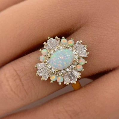 2.50 Ct Oval Cut Lab Created Fire Opal Engagement Ring 14K Yellow Gold Plated - Image 1 of 4