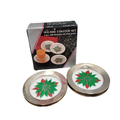 Juego de posavasos navideños con flor de pascua festiva 4 piezas decoración navideña vintage Foto 1 de 4