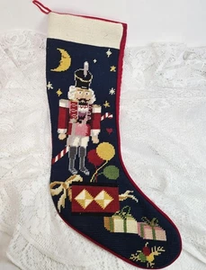 Vintage Needlepoint Embroidered Toy Soldier Christmas Stocking Wool Red Velvet - Picture 1 of 11