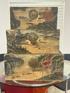ANTIGUO BAÚLES CHINOS DE PIEL DE CERDO VITELA PINTADOS A MANO CON LATÓN 1900 (JUEGO DE 3) - Imagen 1 de 16