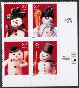 US USA Sc# 3679a MNH FVF PLATE # BLOCK Xmas Christmas Snowman Hat Broom - Picture 1 of 1